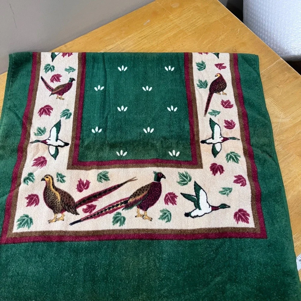 Vtg Green Wildlife Pheasant Duck Bath Towel Set Cabin Lodge Rustic Decor 2pc‎